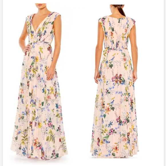 MAC DUGGAL 55829 Pleated Pink Floral Cap Sleeve A-line Gown Dress Size 22 NWOT - Picture 1 of 9